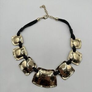 VTG Necklace Black Cord Gold‎ Tone Disk Boho Tribal Statement 20"